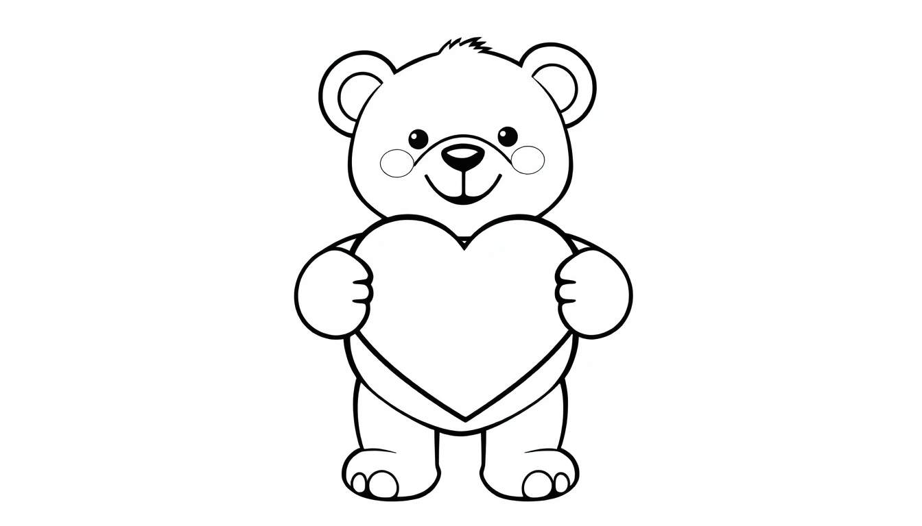 A cute teddy bear with blush marks on its cheeks is holding a large heart. This black and white color panel is perfect for Valentine's Day.