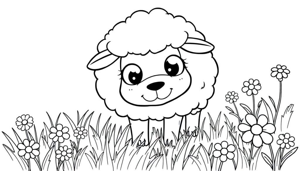 A cute black and white cartoon sheep named Puff grazing in a field, designed as a color panel.