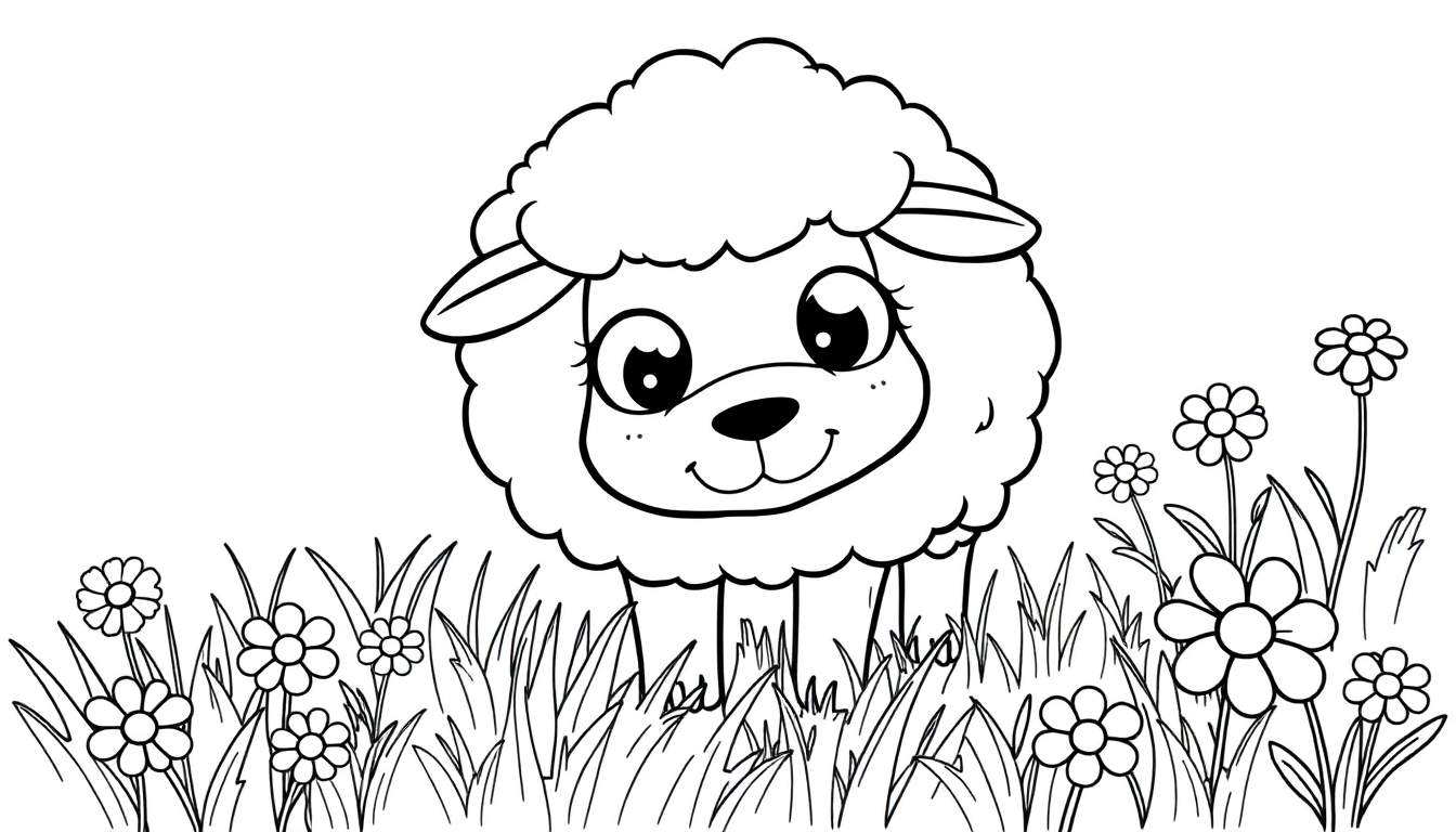A cute black and white cartoon sheep named Puff grazing in a field, designed as a color panel.
