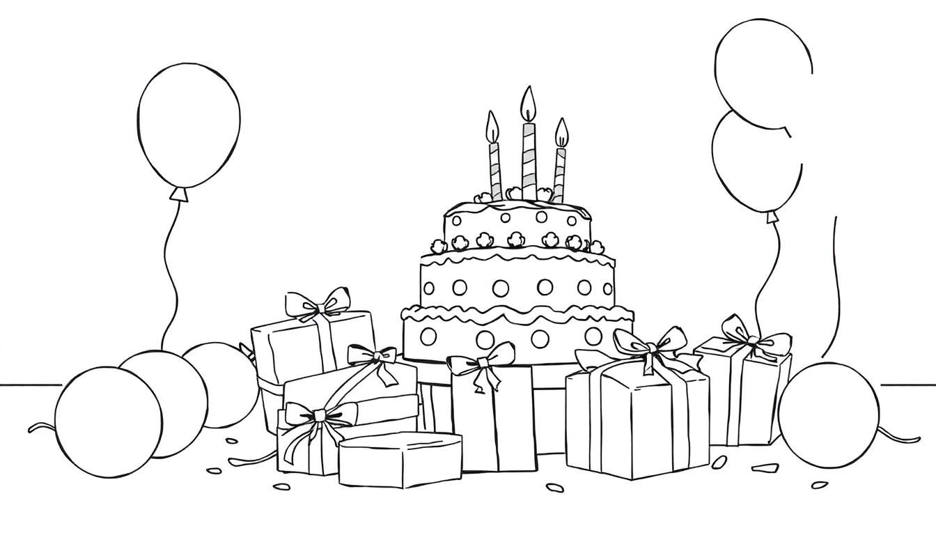 A color panel drawing of a birthday cake with candles, presents, and balloons.