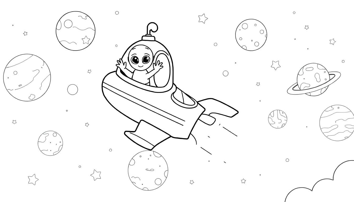 A baby waving from inside a cartoon spaceship with planets and stars around it.