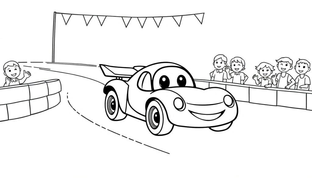 A black and white cartoon car race with a happy car and cheering children, a color panel for coloring.