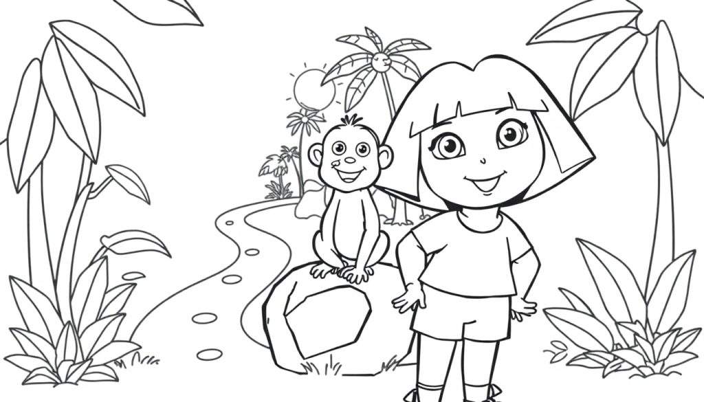 Dora the Explorer and Boots in a jungle color panel.