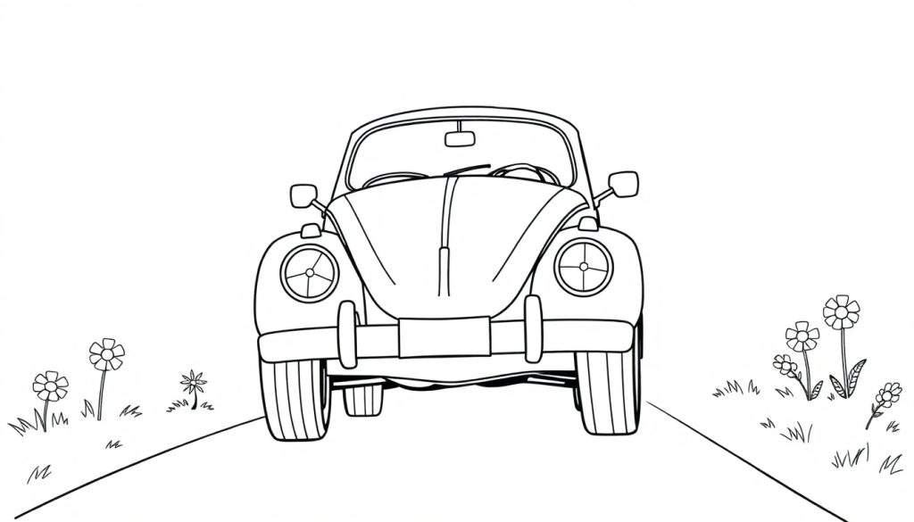 A cute black and white Volkswagen Beetle ready for coloring on a color panel.