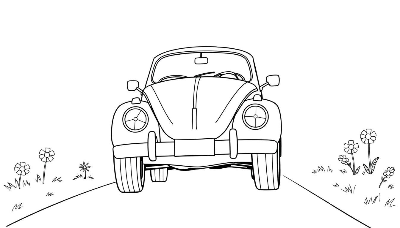 A cute black and white Volkswagen Beetle ready for coloring on a color panel.