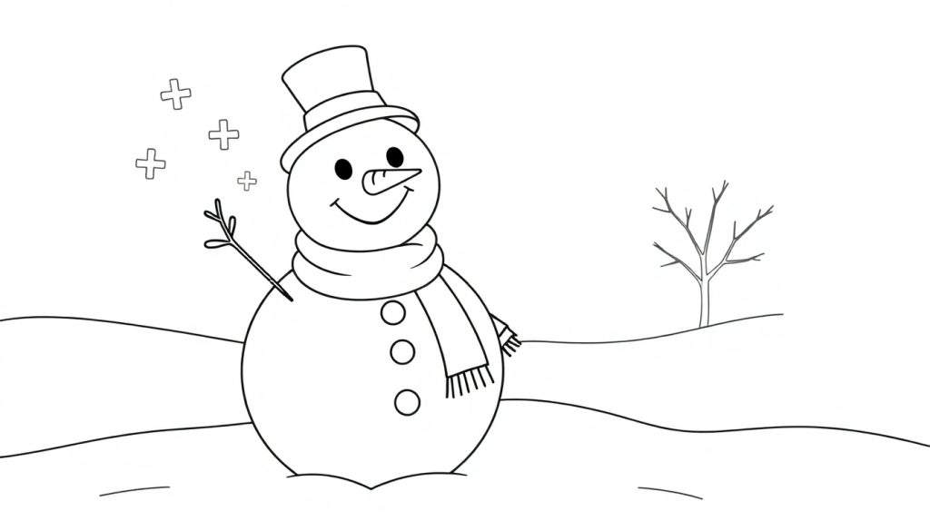 A friendly snowman coloring page, a black and white line drawing of a snowman with a carrot nose and button eyes, wearing a scarf and hat, perfect for a color panel.