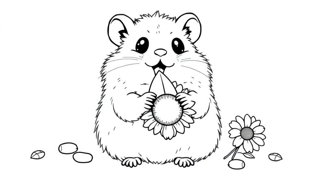 A hamster coloring panel happily munching a sunflower seed.