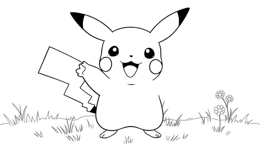 A cheerful Pikachu ready for coloring, featured on a color panel. This black and white line art shows Pikachu waving happily in a field of flowers, perfect for a fun color panel activity.