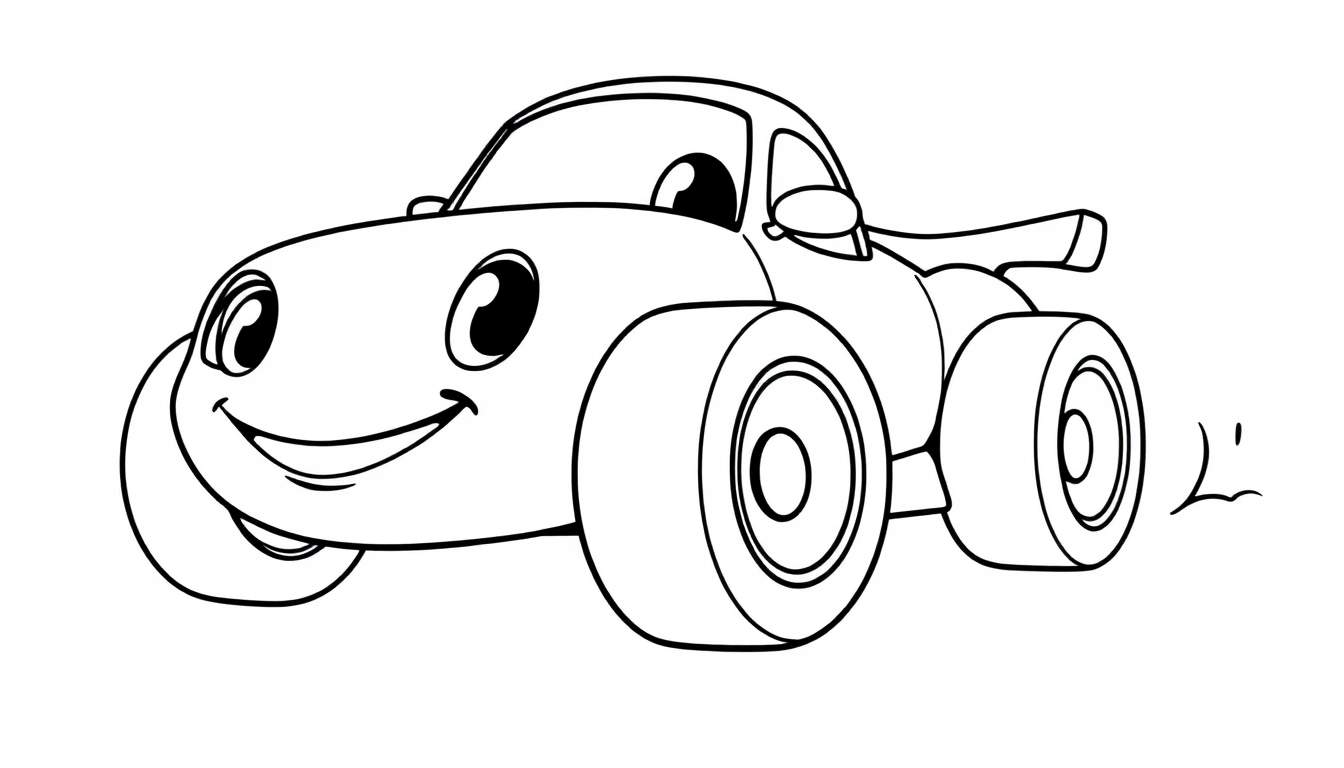 A cheerful cartoon car outlined in black, ready for coloring. This color panel shows a race car with big wheels and a smile.