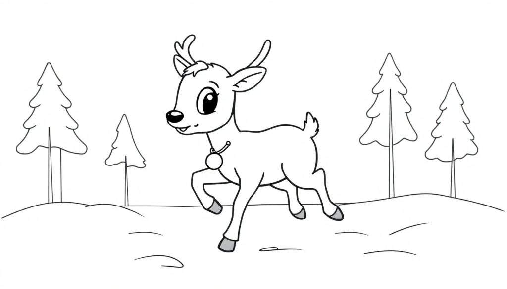 A cute baby reindeer with big eyes and a tiny bell on its neck, prancing through snowy woods, in a black and white color panel.