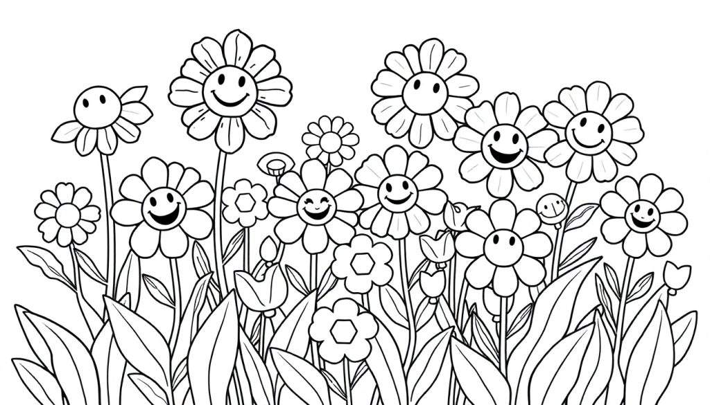 A black and white color panel of a flower garden with happy flowers and smiley faces, perfect for kids.