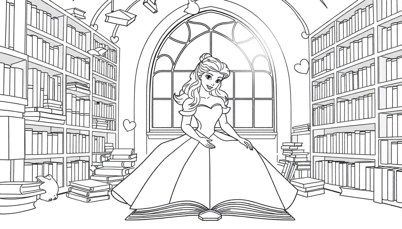 Black and white line drawing of Belle reading in a library with bookshelves and a window.