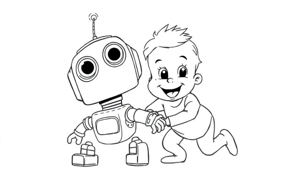 A baby crawls towards a robot in a black and white color panel.