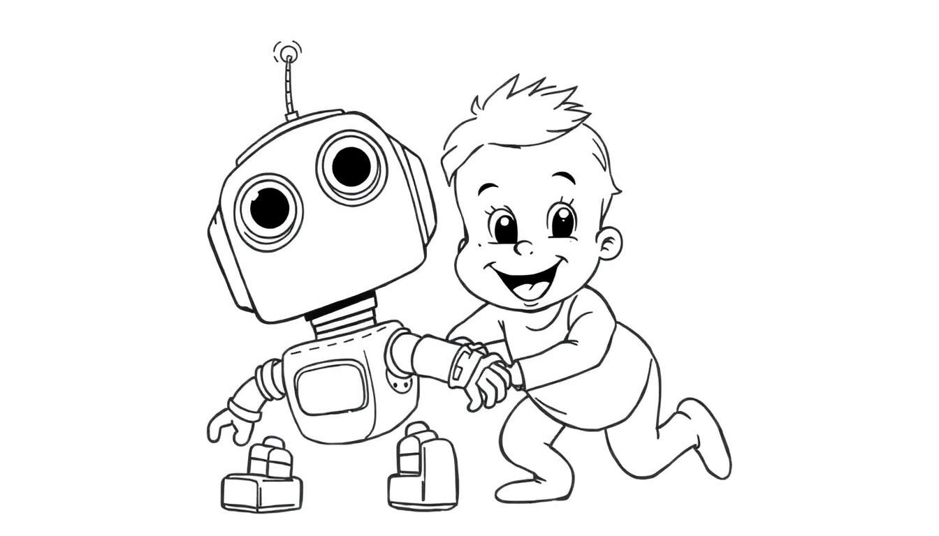 A baby crawls towards a robot in a black and white color panel.