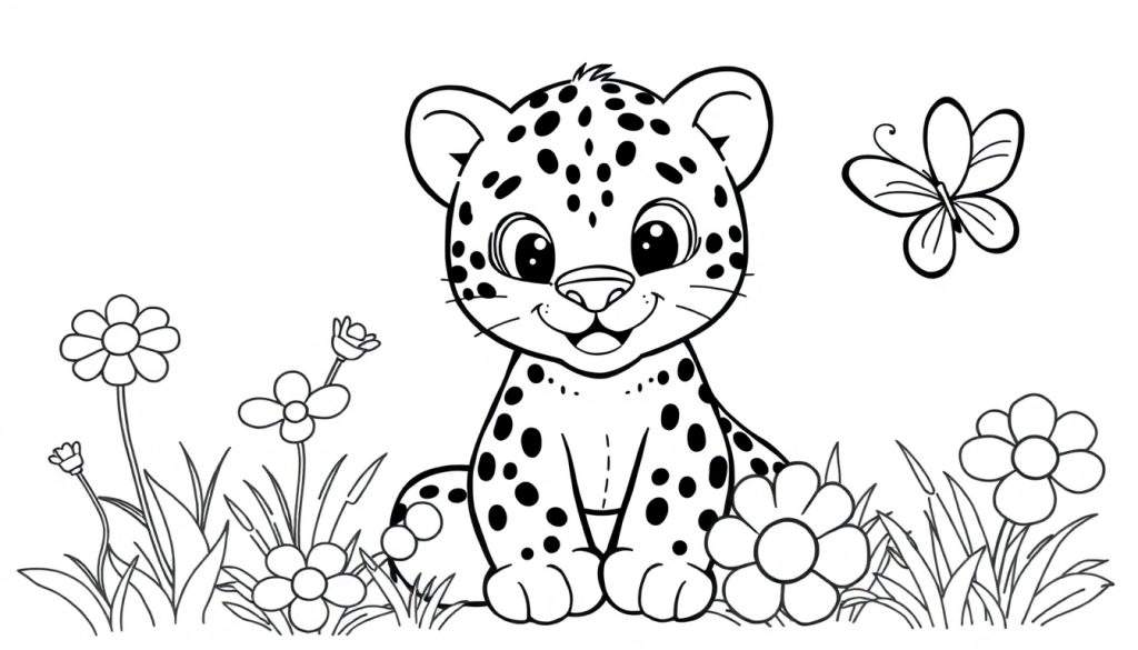 A cute baby jaguar in a color panel, ready to be colored.