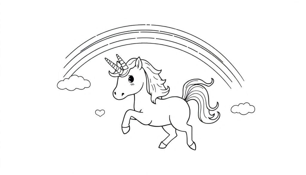 A cute unicorn prancing under a rainbow, a coloring panel for kids.