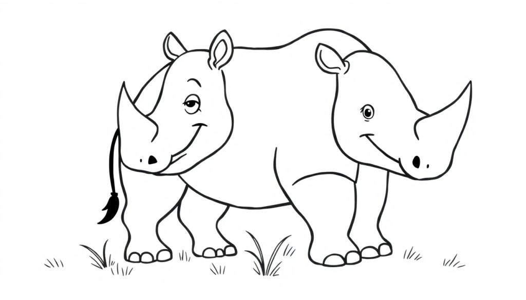 A black and white color panel featuring two friendly cartoon rhinos standing side-by-side with single horns.