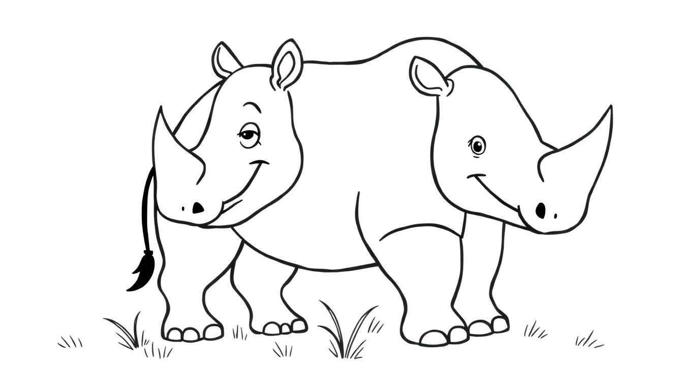 A black and white color panel featuring two friendly cartoon rhinos standing side-by-side with single horns.