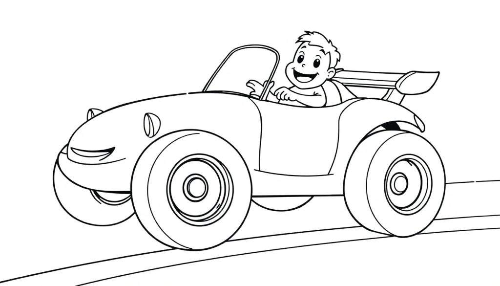 A black and white color panel drawing of a happy child driving a convertible race car with a cartoon face.