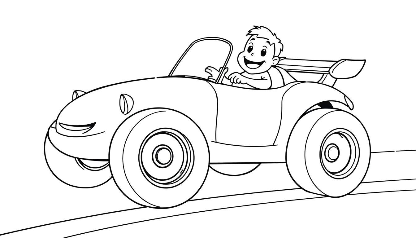 A black and white color panel drawing of a happy child driving a convertible race car with a cartoon face.