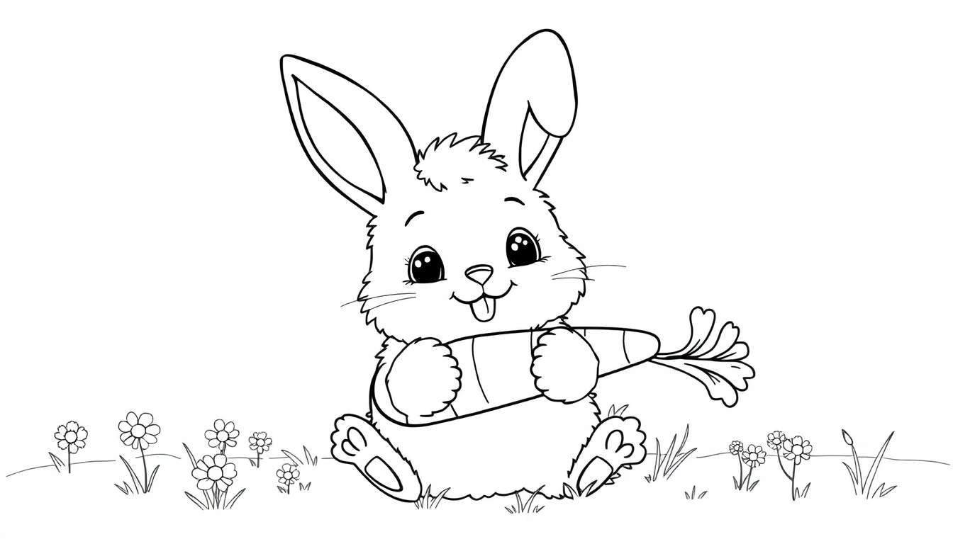 A cute cartoon bunny in a black and white color panel holding a carrot.
