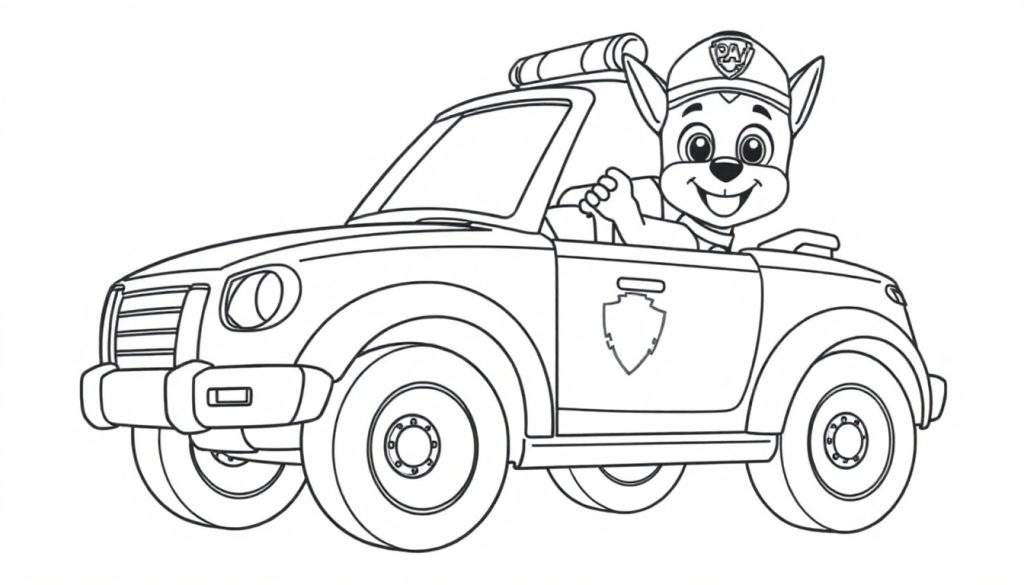 A black and white color panel of Chase from Paw Patrol smiling and waving from his police cruiser.