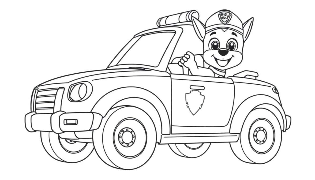 A black and white color panel of Chase from Paw Patrol smiling and waving from his police cruiser.
