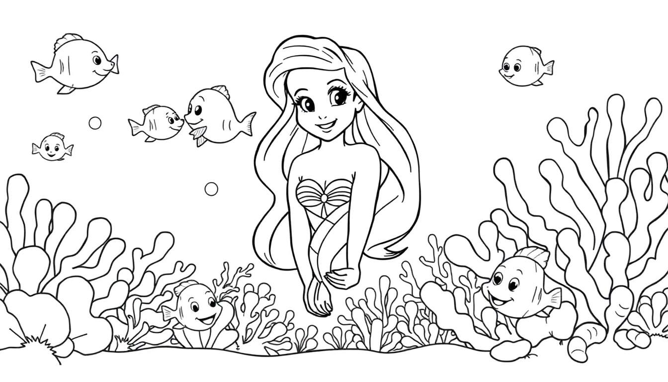 Ariel the mermaid in a black and white coloring panel, smiling with her hair flowing, surrounded by fish and coral.