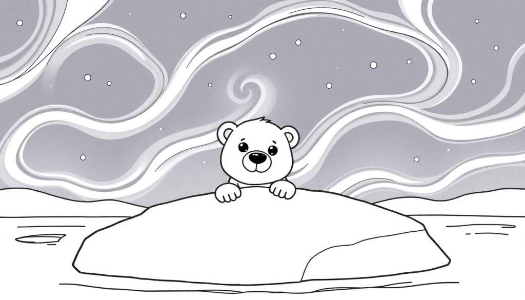 A cute polar bear cub peeking over an ice floe, with the aurora borealis in the background, in a black and white color panel illustration.