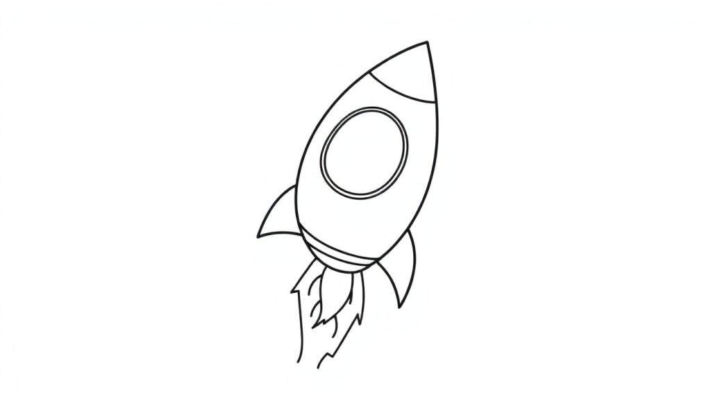 Cute cartoon rocket ship outline for coloring, blasting off into a starry sky, perfect for a color panel.
