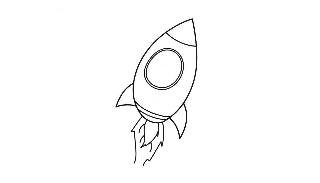 Cute cartoon rocket ship outline for coloring, blasting off into a starry sky, perfect for a color panel.