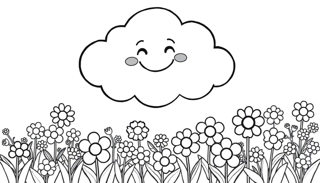 A smiling cloud looking down at a field of flowers.