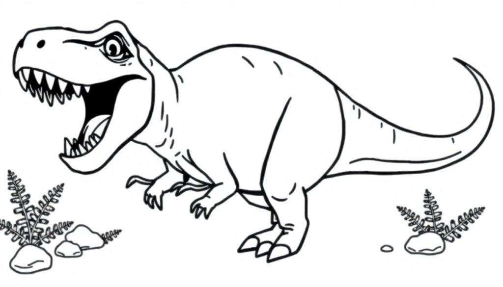 A roaring T-Rex in a black and white coloring panel.