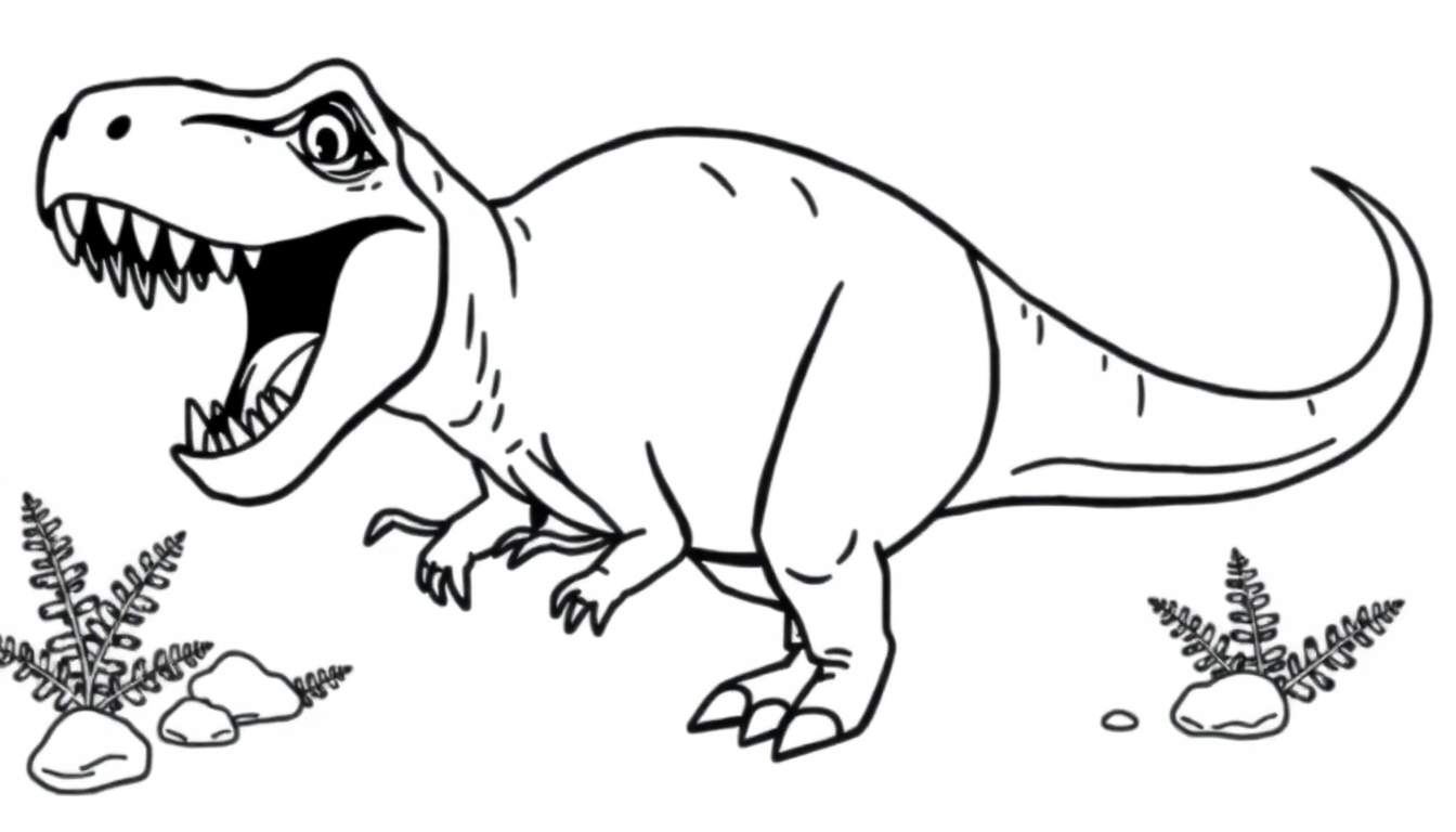 A roaring T-Rex in a black and white coloring panel.