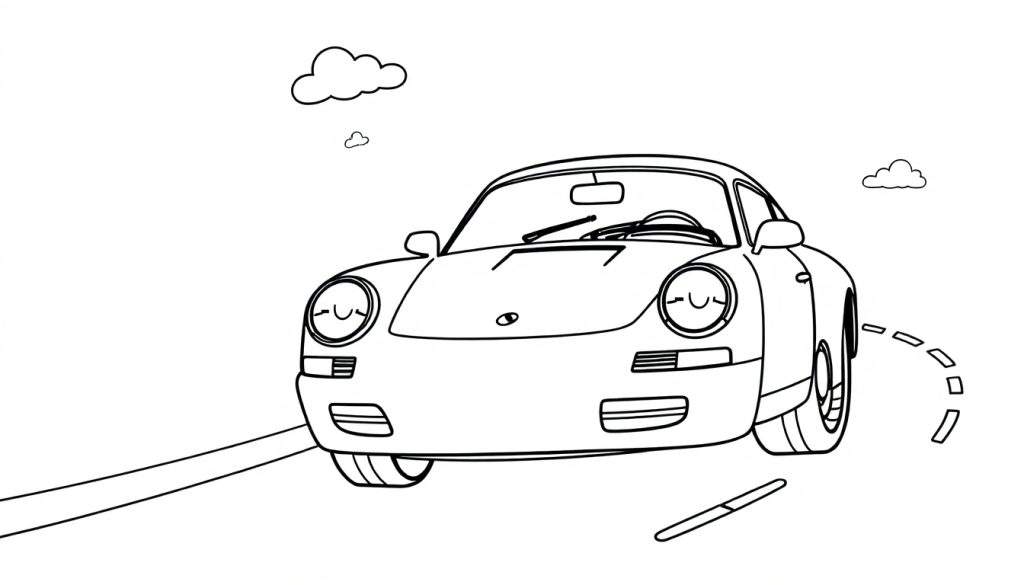 A cute cartoon car on a road, ready for coloring, part of a fun color panel.