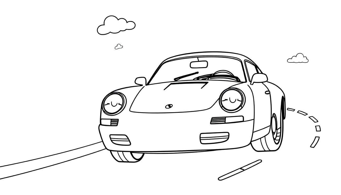 A cute cartoon car on a road, ready for coloring, part of a fun color panel.