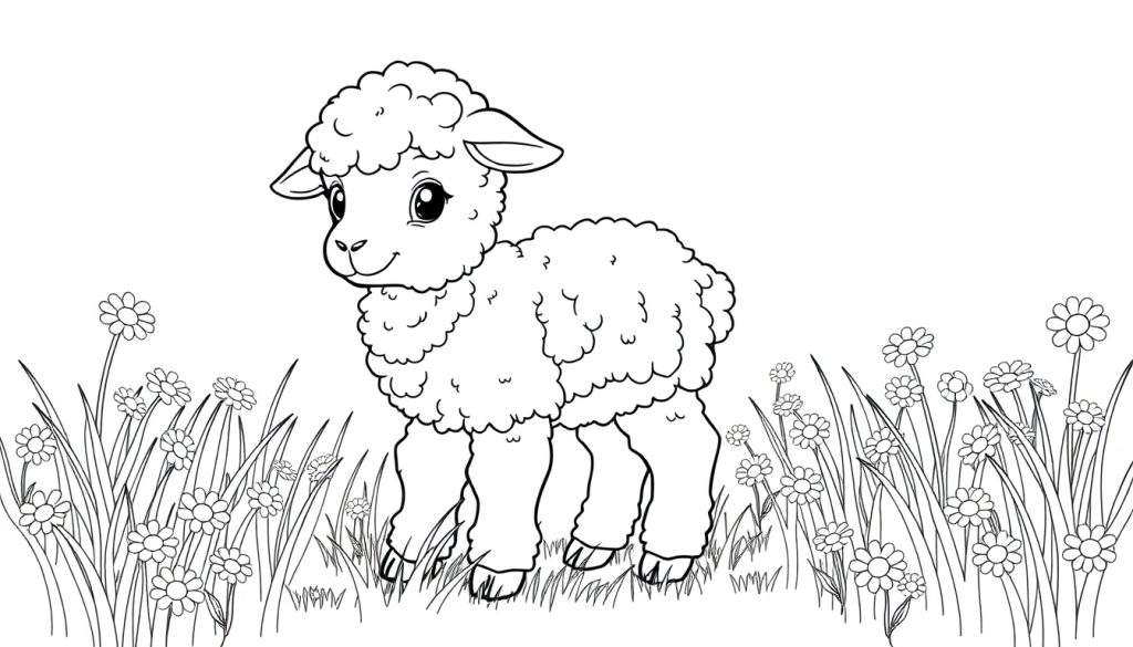 A black and white drawing of a fluffy lamb in a field of daisies, a color panel for kids.