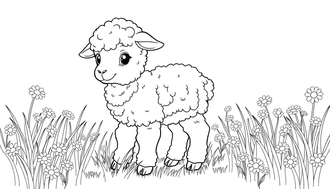 A black and white drawing of a fluffy lamb in a field of daisies, a color panel for kids.