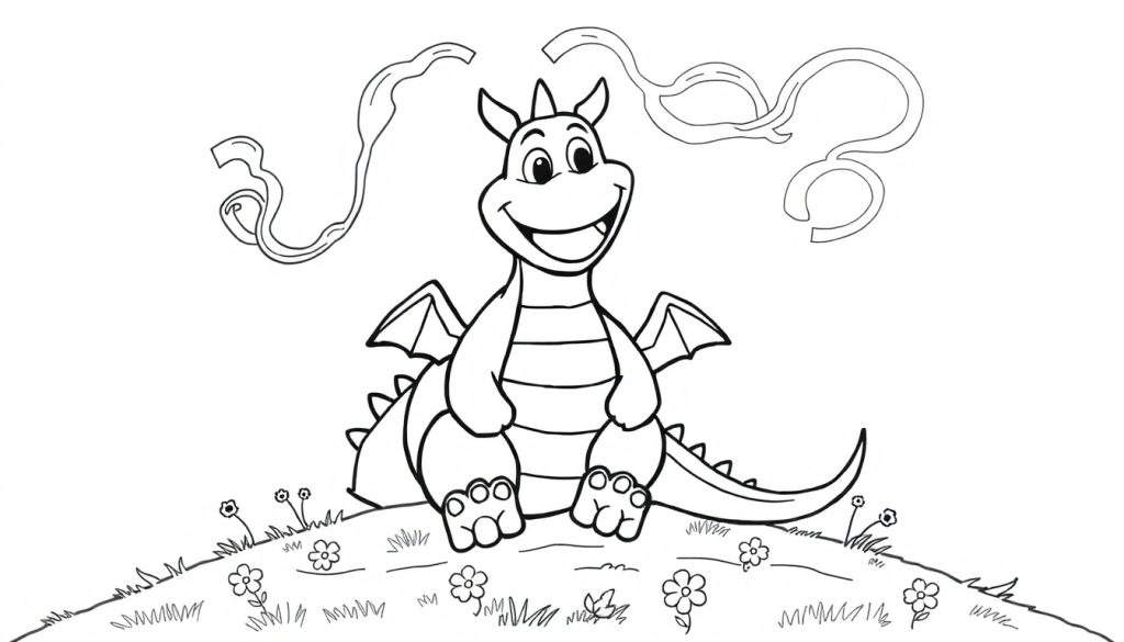 A friendly cartoon dragon on a grassy hill, with a color panel of smoke rings above its head.
