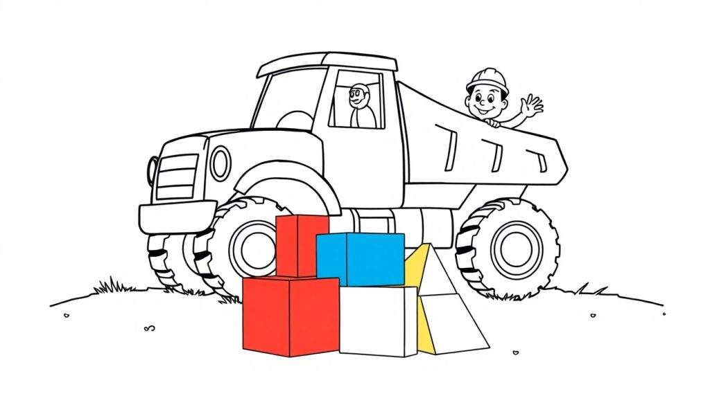 A black and white coloring page of a friendly dump truck with a happy driver, a construction worker waving from the bed, and colorful toy blocks, presented as a fun color panel.