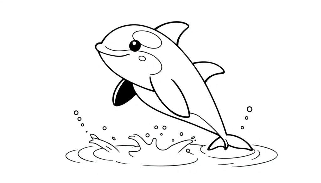 A cute baby orca leaping out of the water, ready for a color panel.