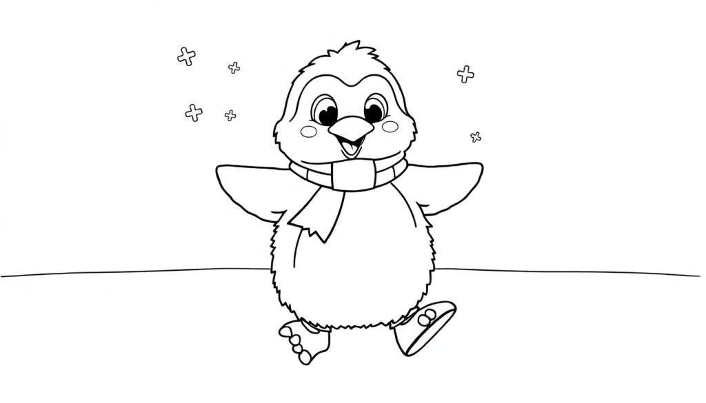 A happy penguin wearing a scarf and ice skates, ready to color in this black and white picture! A fun color panel for kids.