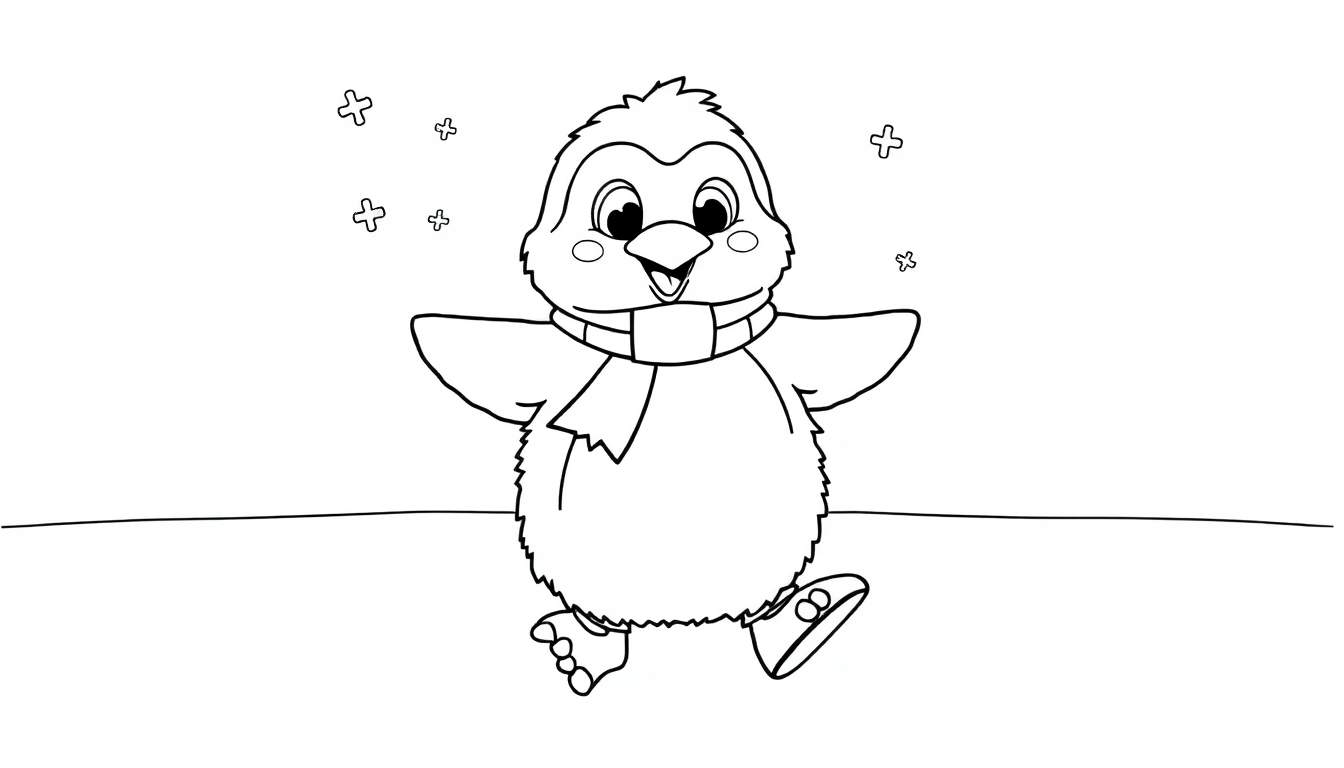 A happy penguin wearing a scarf and ice skates, ready to color in this black and white picture! A fun color panel for kids.