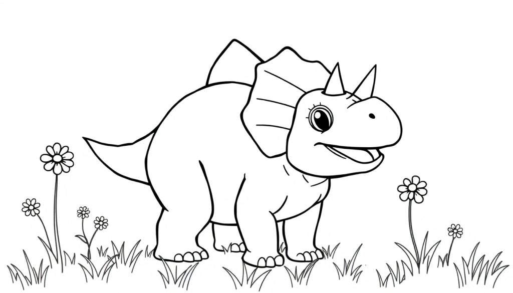 A friendly black and white cartoon triceratops in a color panel.