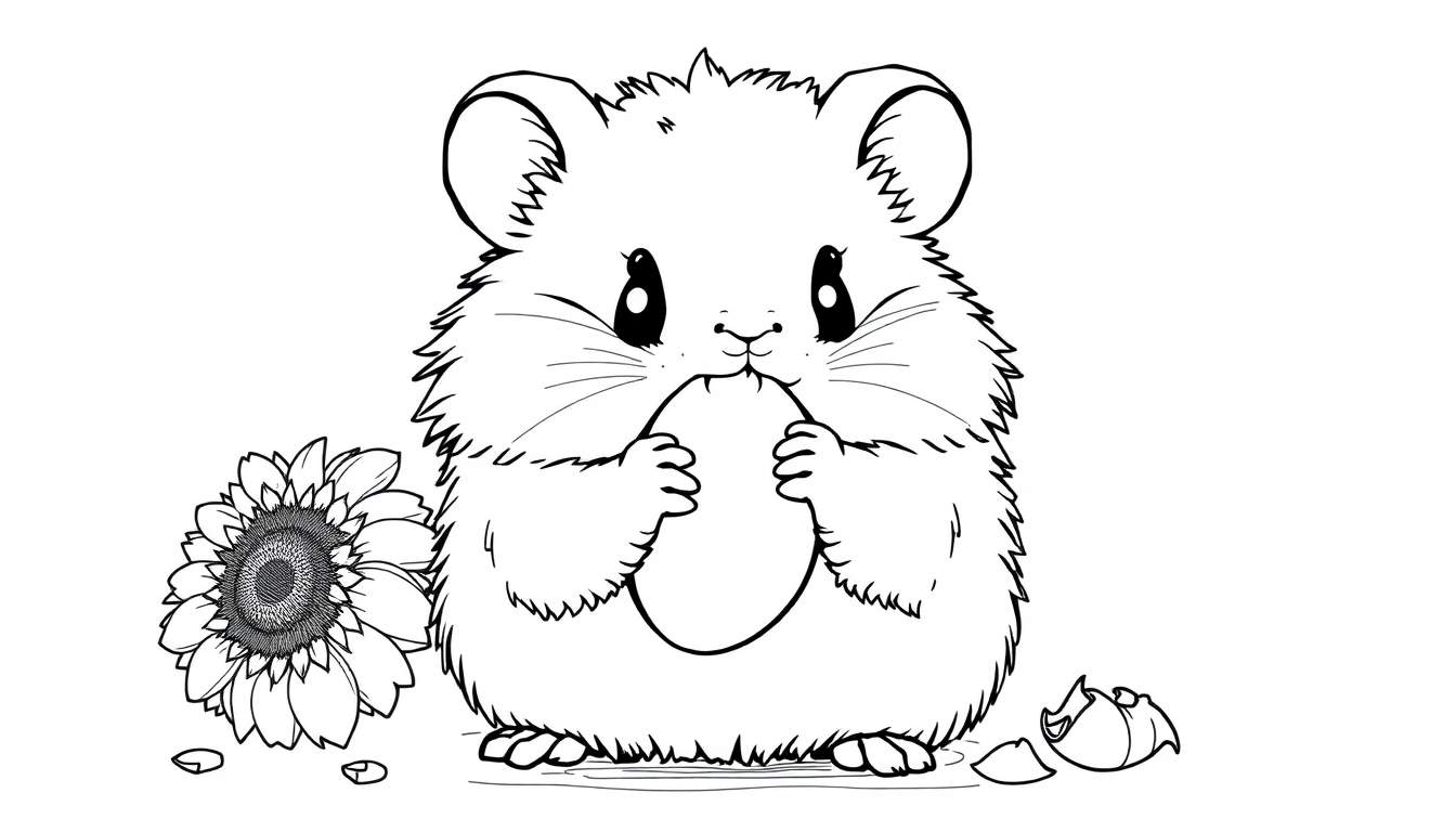 A super cute, fluffy hamster for a color panel, enjoying a sunflower seed.
