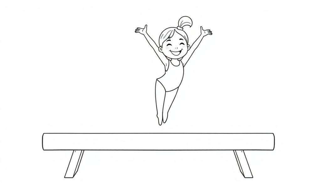 Black and white cartoon color panel of a happy young gymnast in mid-air over a balance beam, with arms raised.