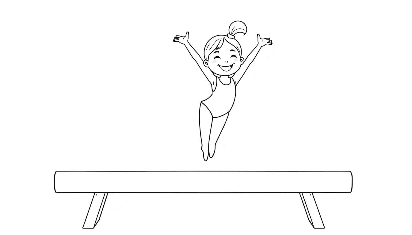 Black and white cartoon color panel of a happy young gymnast in mid-air over a balance beam, with arms raised.