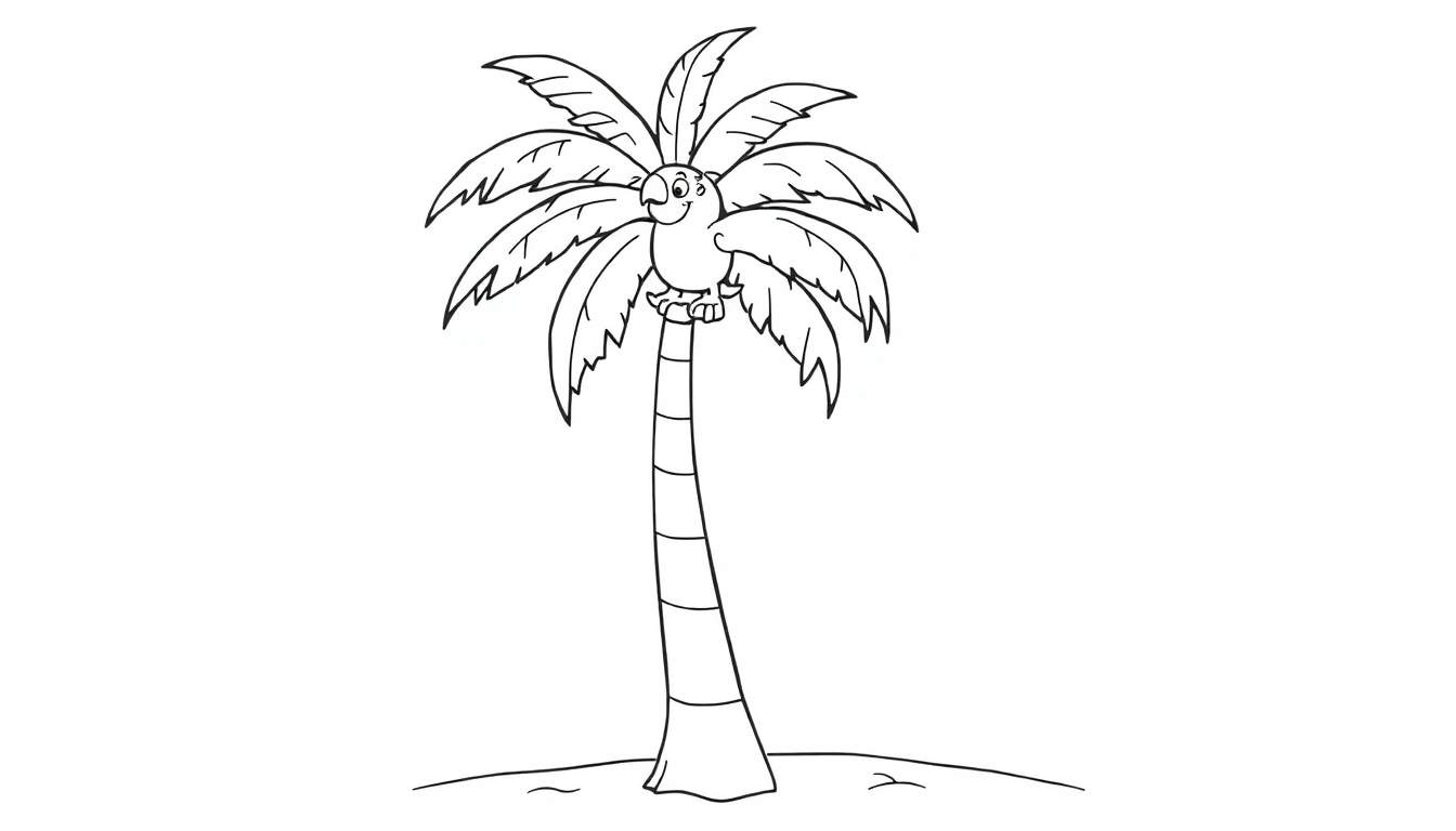 A cartoon palm tree with a bird on top, on a patch of ground.