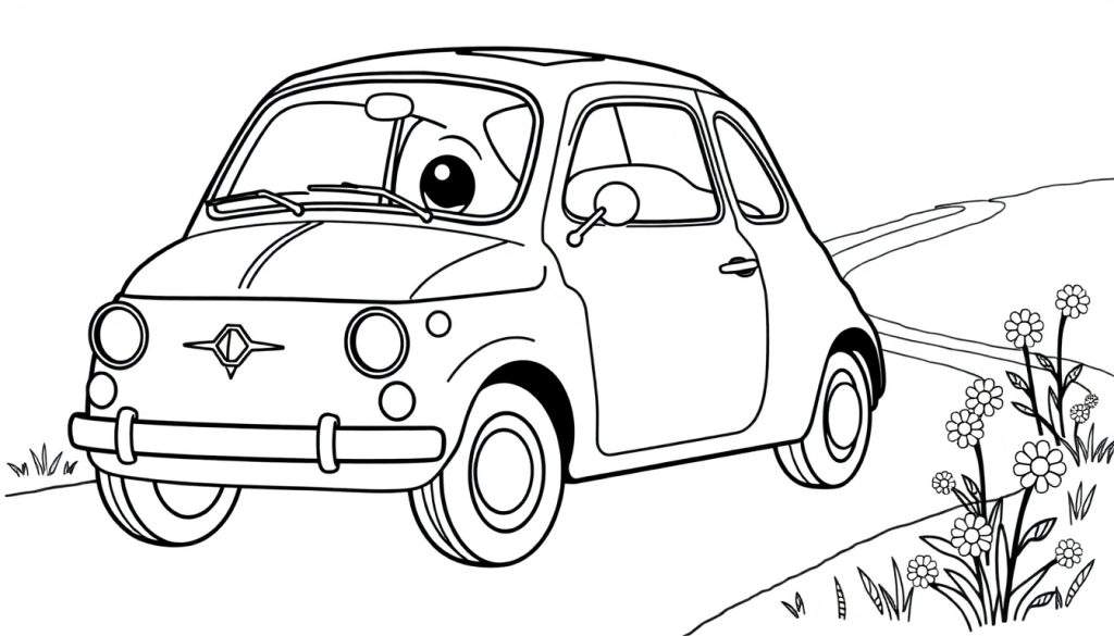 A friendly Fiat 500 car with big eyes, ready for coloring in a color panel.