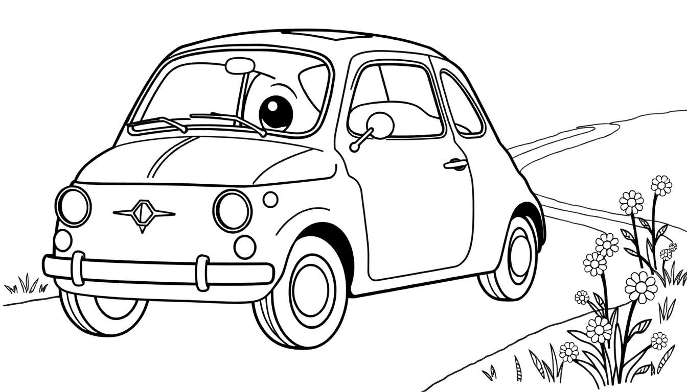A friendly Fiat 500 car with big eyes, ready for coloring in a color panel.